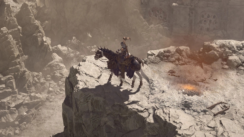 Player riding horse on cliff