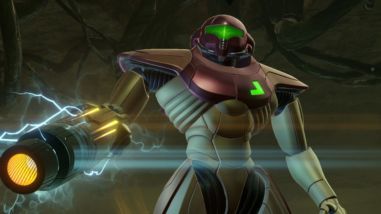 Samus in suit prepares cannon arm