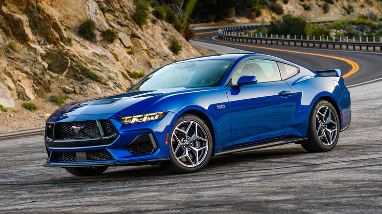 2024 Ford Mustang GT in blue, front three quarter