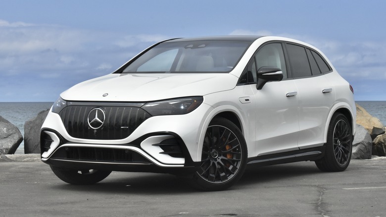 2024 Mercedes-AMG EQE SUV front three quarter view.