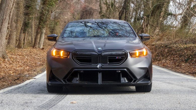 BMW M5 front view on wooded rood
