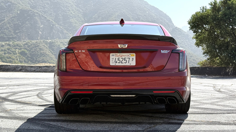 2025 Cadillac CT5-V Blackwing rear parked in the mountains