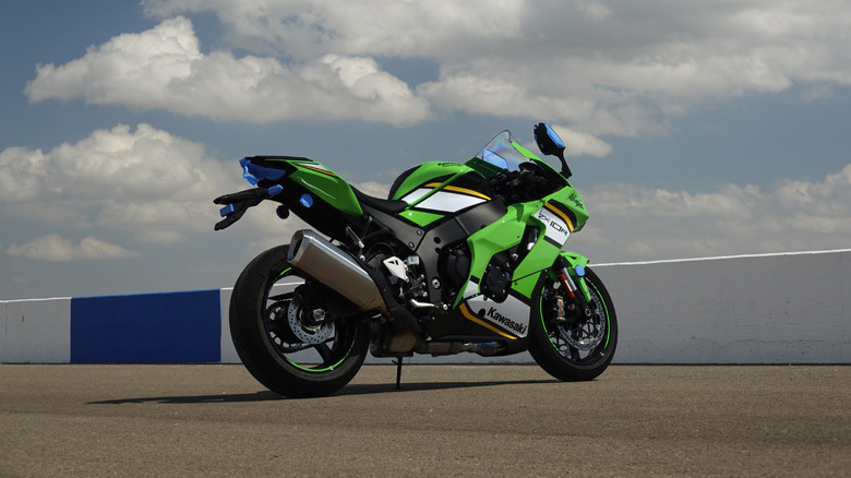2025 Kawasaki Ninja ZX-10R rear three-quarters at the racetrack