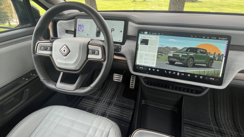 Rivian R1T steering wheel and gauge cluster