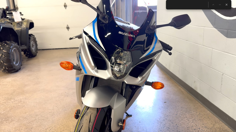 Front view of a metallic GSX-R1000 indoors