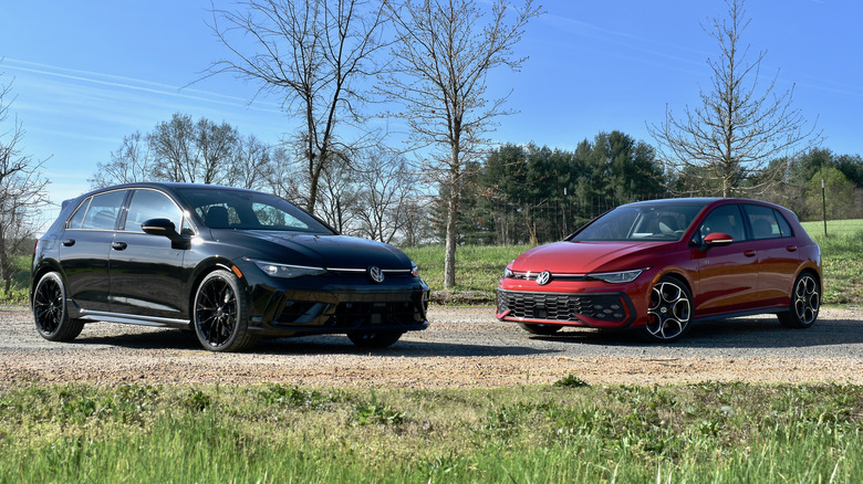 2025 Volkswagen Golf R and 2025 Volkswagen Golf GTI front three quarter view.