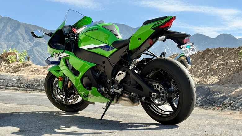 2026 Kawasaki Ninja ZX-10R rear 3/4 parked in the mountains