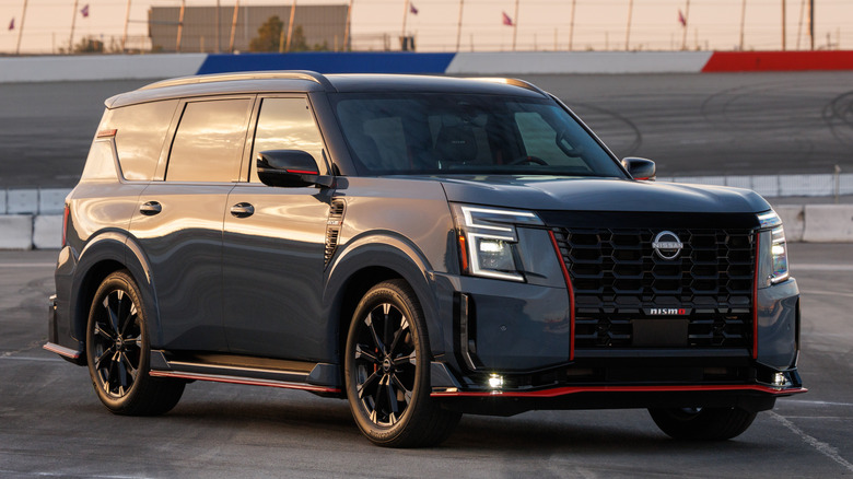 Front quarter view of 2026 Nissan Armada Nismo parked on race track