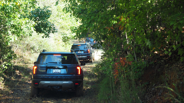 A line of 2027 Honda Passport TrailSports head down the trail