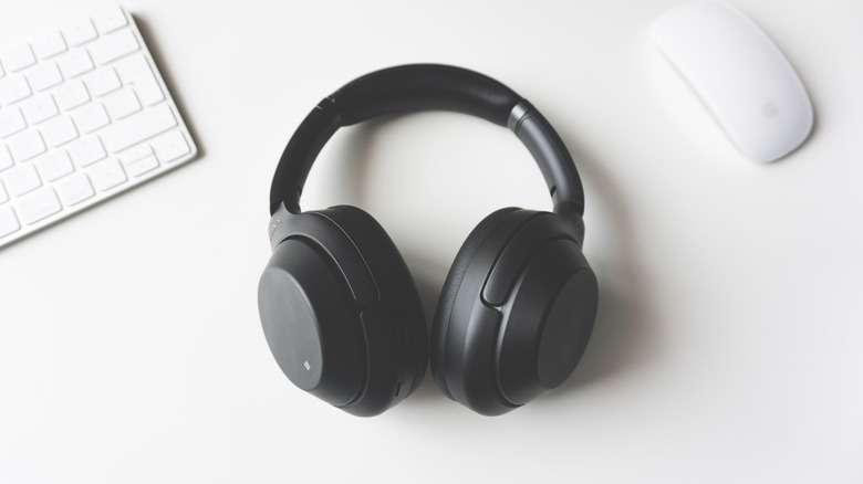 black sony headphones on white background