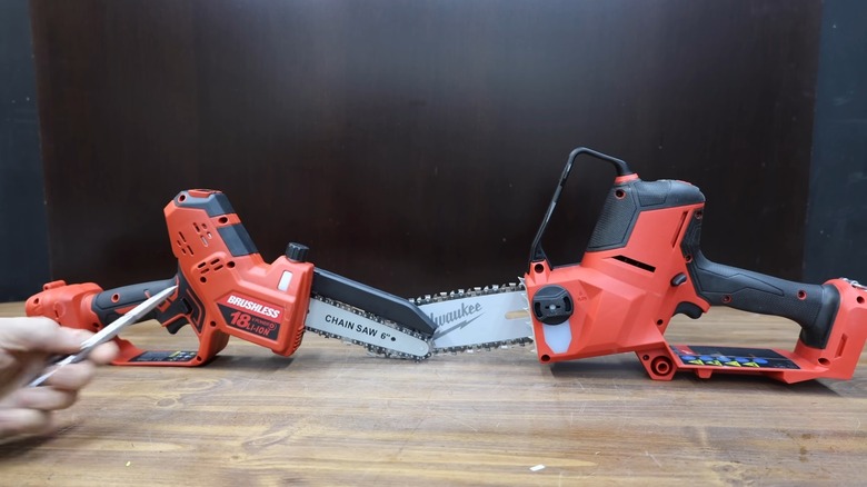 A $279 Milwaukee mini chainsaw posed next to a $70 alternative alternative with a similar appearance.