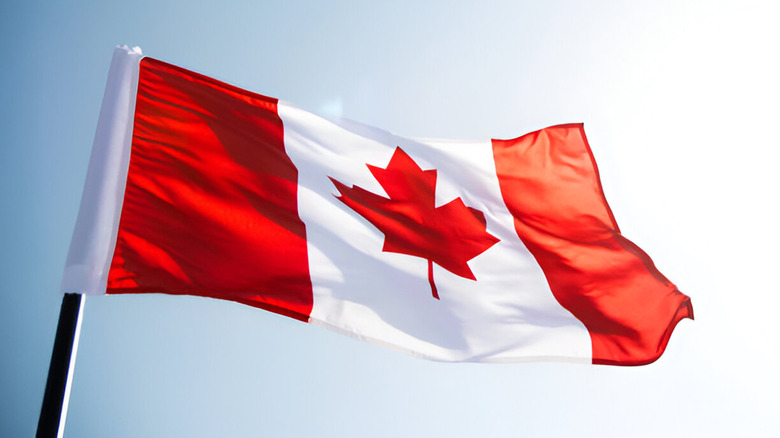 The Canadian flag against a cloudless sky.