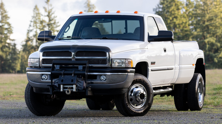 White Dodge Ram 3500 Cummins diesel truck parked