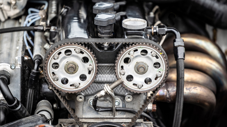 Detail view of timing belt and cam rollers of modern double overhead cam engine