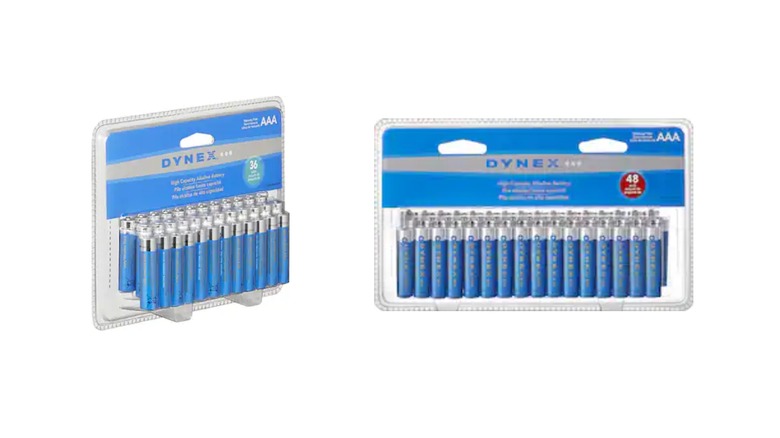 36-cound and 48-count packages of Dynex batteries on display.