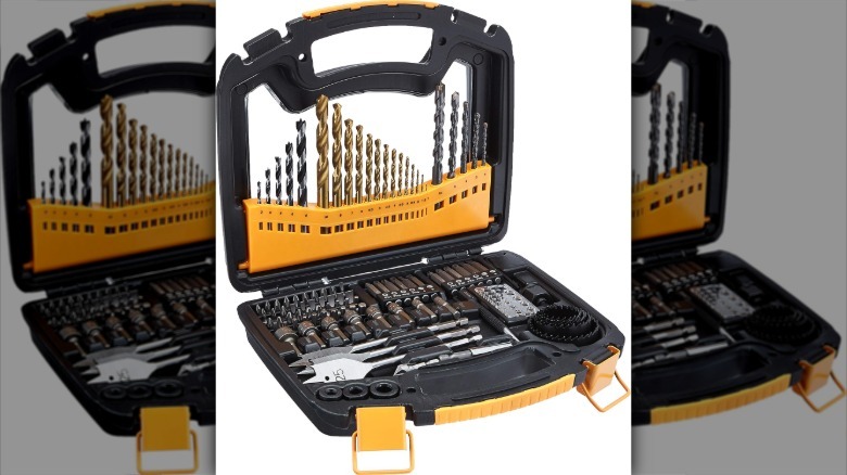 Amazon Basics 100-piece drill and driver set on white