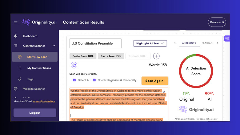 Originality.ai ChatGPT detector screenshot