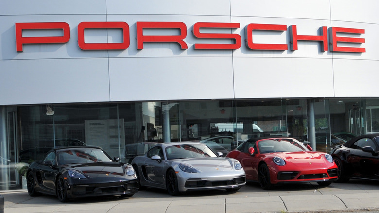 New Porsche cars outside a New York dealership