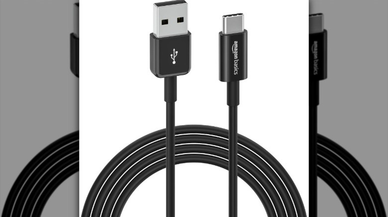 AmazonBasics USB-A to USB-C cable on a white background showing both ends
