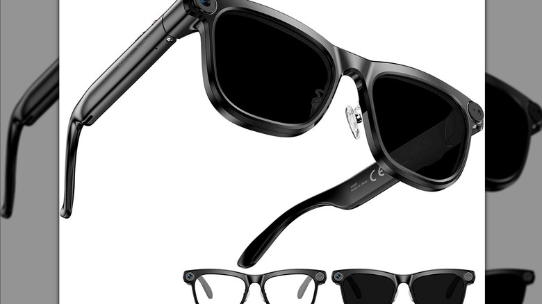 Black-framed smart glasses on a white background