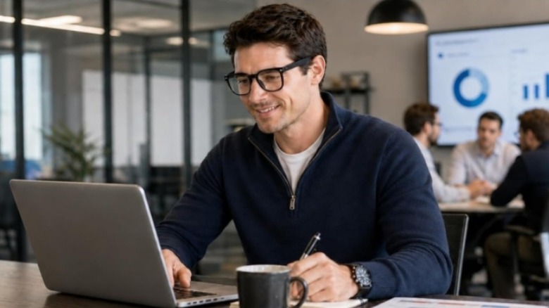 Man wearing smart glasses working on a laptop in an office