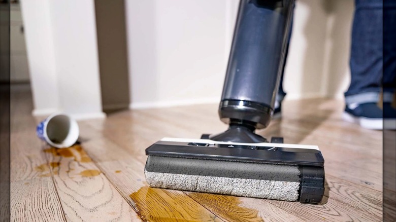Using the Tineco FloorWasher to clean up a spilled mess.