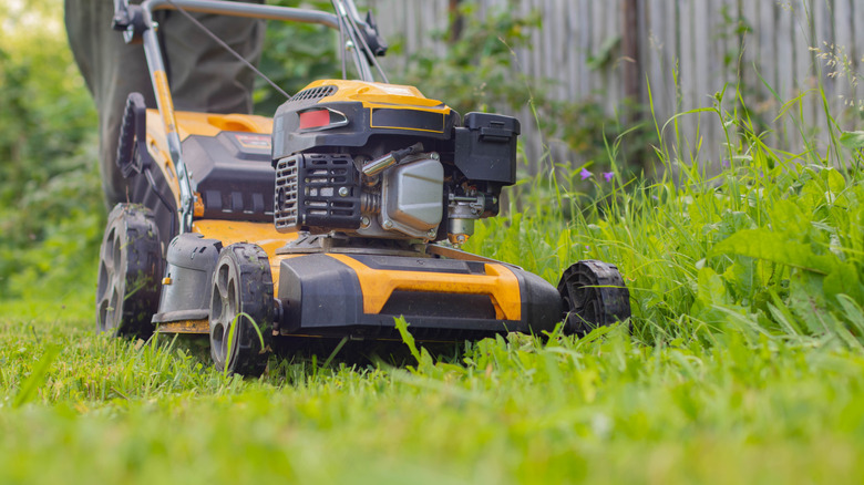 Close-up of large yellow lawn mower.