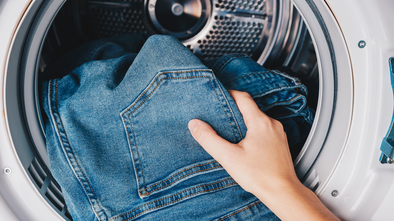 person putting jeans in dryer