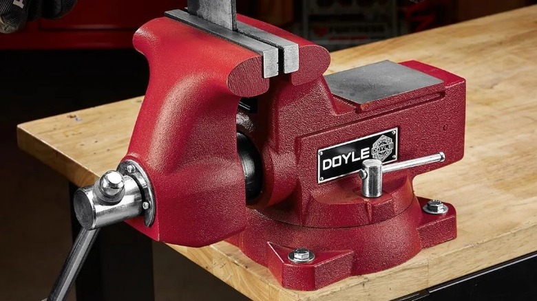 Doyle 6-inch Swivel Vise with Anvil and Pipe Jaws attached to work bench