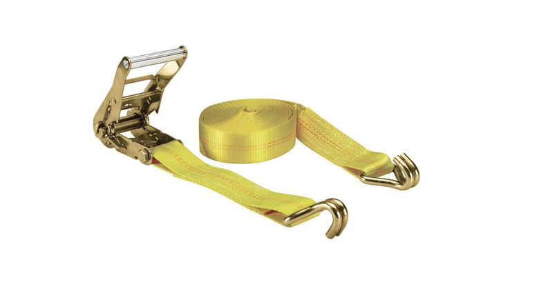 Yellow ratchet strap on white background