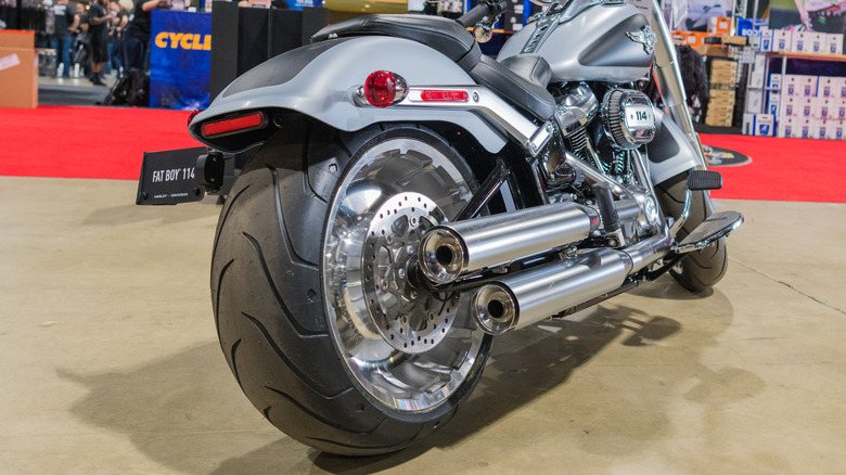 A Fat Boy 114 Harley motorcycle on showroom floor