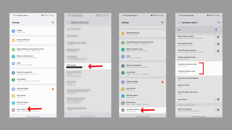Screenshots of the steps to disable system animations