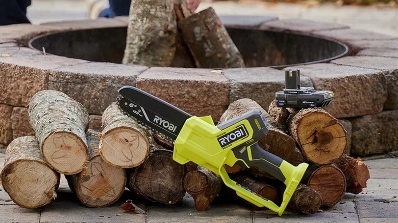 A person using a mini chainsaw to cut a tree branch.
