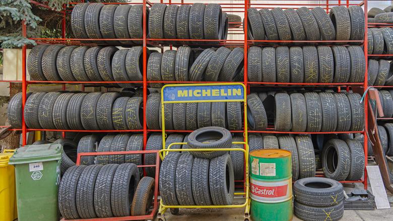 Wall of Michelin tires on rack