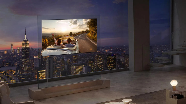 An LG evo W6 television displayed in a modern room overlooking New York City