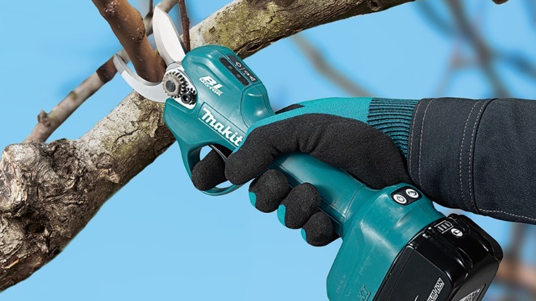 Makita 18V LXT Lithium‑Ion Brushless Cordless Pruning Shear cutting a branch
