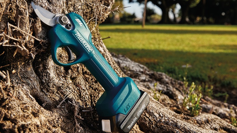 Makita 18V LXT Lithium‑Ion Brushless Cordless Pruning Shear leaning against a tree