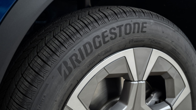 Close up of a Bridgestone tire installed on a car