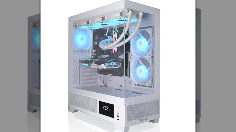 An AVGPC Whirlwind pre-built PC in white on display