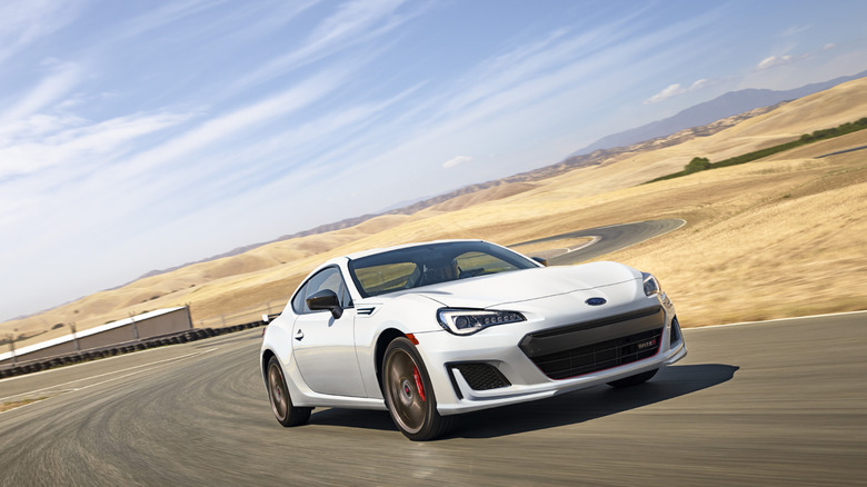 White 2020 Subaru BRZ tS on a racing circuit