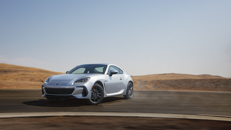 Silver 2024 Subaru BRZ drifting on closed circuit