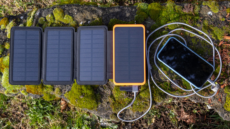 A cell phone plugged into a folding solar panel sitting outside on a mossy log