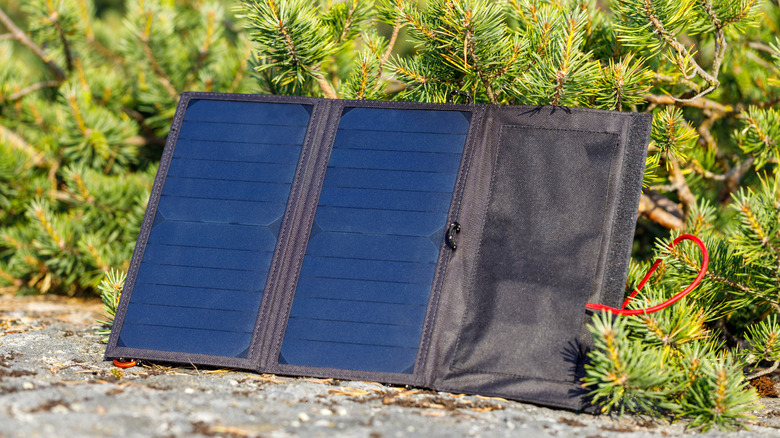 A folding solar panel leaning up against a tree