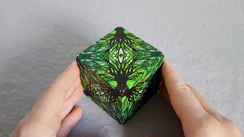 A person demonstrating a forest-themed Shashibo Shape Shifting Box