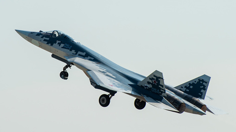 Su-57 flying at air show