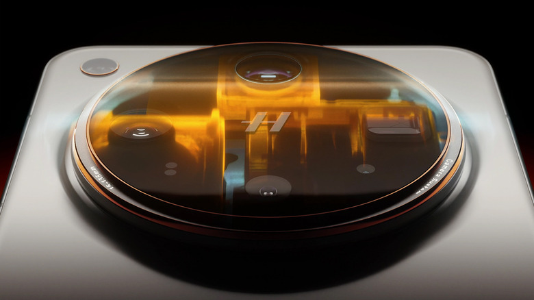 Closeup image of the Oppo Find X8 Ultra camera - a translucent orange bubble with two lenses