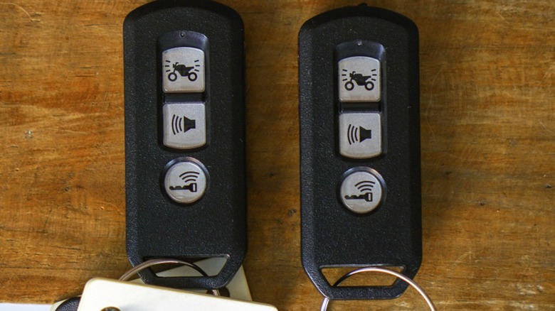 A pair of keyless motorcycle fobs.