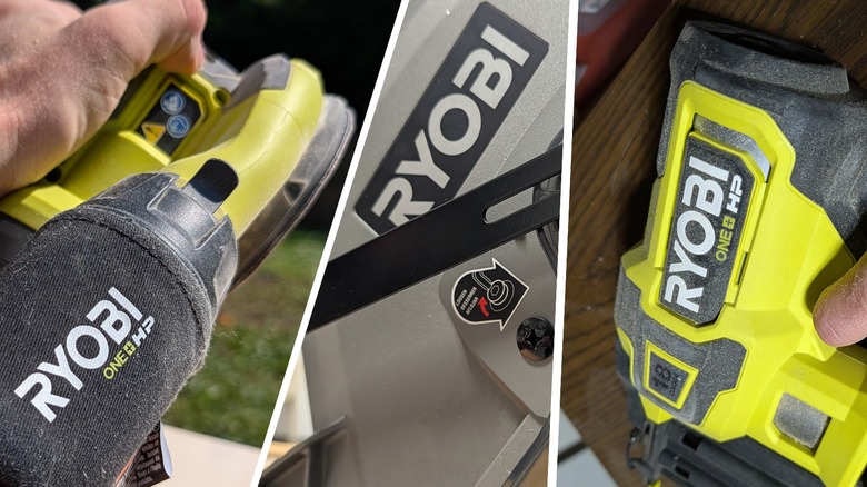 Three Ryobi logos on tools.