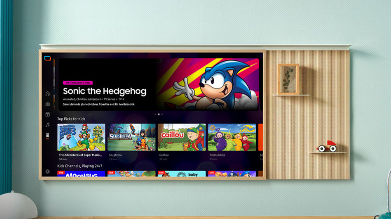 A large Samsung Smart TV showing children's shows on it.