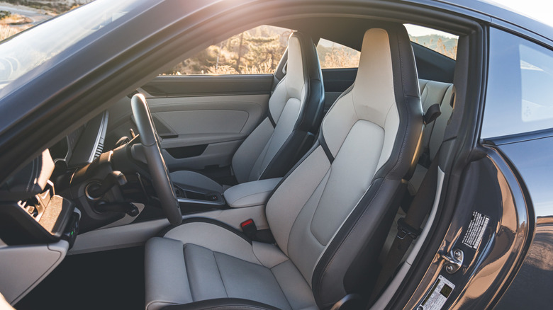 View of 911 Carrera Coupe through open front door with rocky, mountainous background